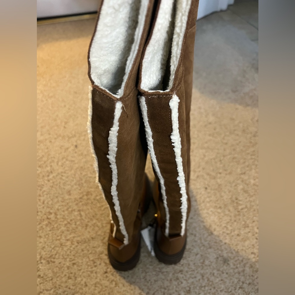 ZARA Over The Knee Leather Boots with Fleece Sherpa Trim- Size EU 39 US 8 - Picture 2 of 9